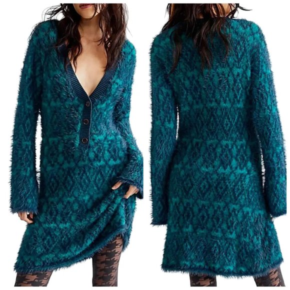 Free People Green Balsam Fuzzy Feelings Mini Long Sleeve Sweater Dress, XS - Picture 1 of 10